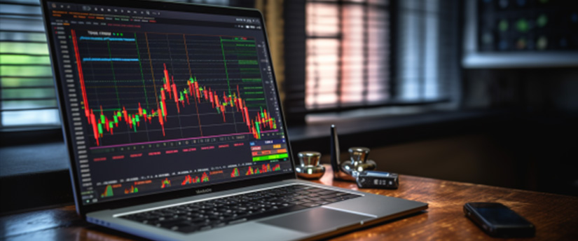 A laptop computer sitting on a wooden desk, with a CFD stock chart displayed on the screen.