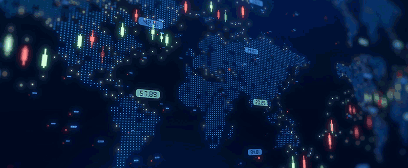 World map with stock numbers, market analysis research and monitor