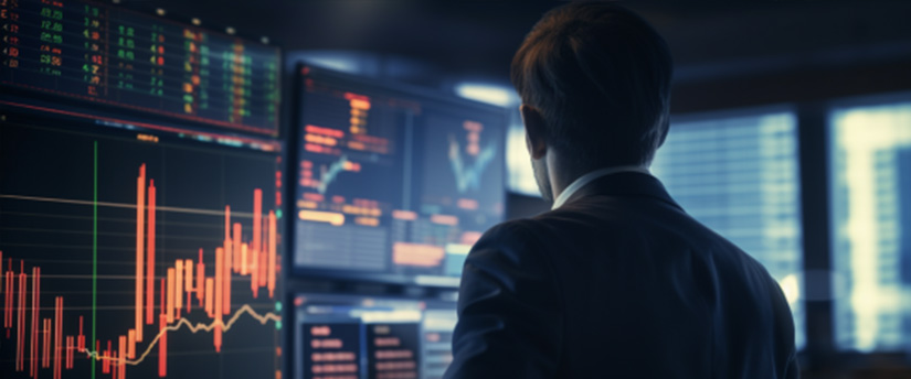 A man in front of multiple monitors, looking at charts and graphs. The monitors show stock CFD charts.