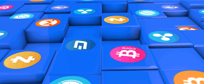some moving blue bars with some symbols on top referring to why trade cryptocurrency CFDs