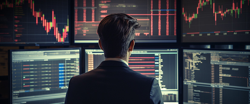 Un homme concentré en costume analyse des données boursières sur plusieurs écrans, incarnant la vie d'un trader en bourse.