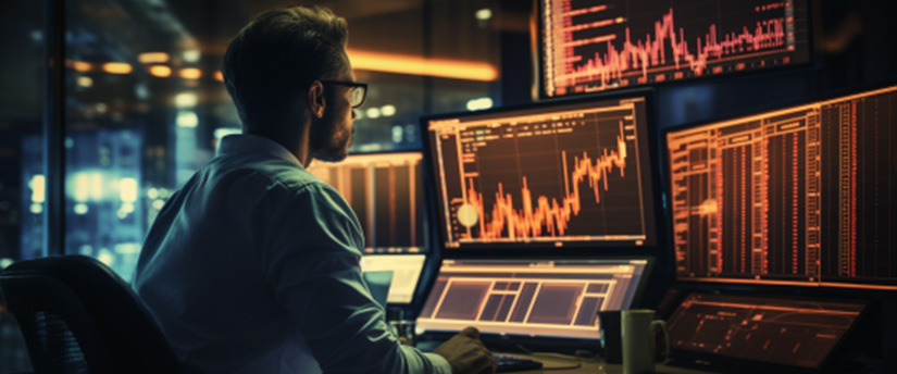 Man (cfd trader) sitting at desk in front of computer screen with graph of economic indicators.