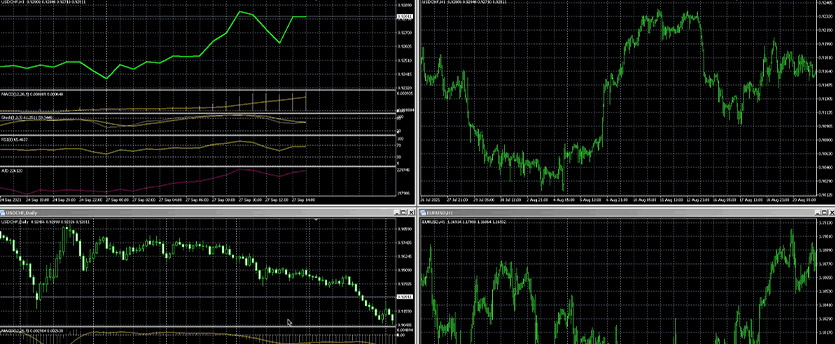 A screenshot of various trading screens on the MT4 platform, displaying real-time market data and trading charts