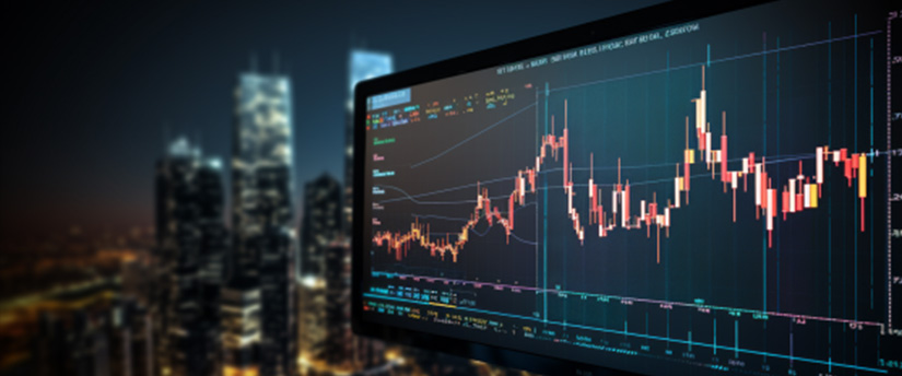 A monitor displays a stock market chart with fluctuating lines, representing cfd trading and market trends.