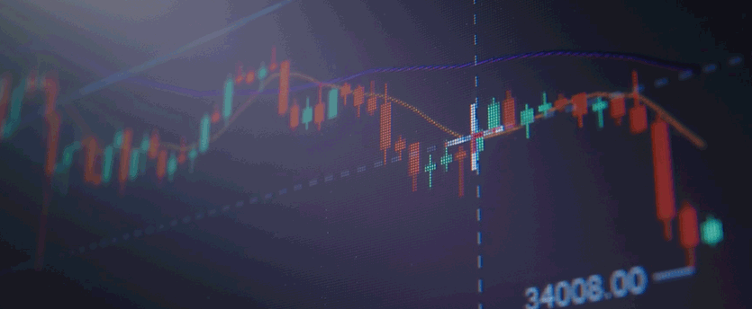 Close-up of trading stock chart on computer screen, showing price of stock at 34008.00.