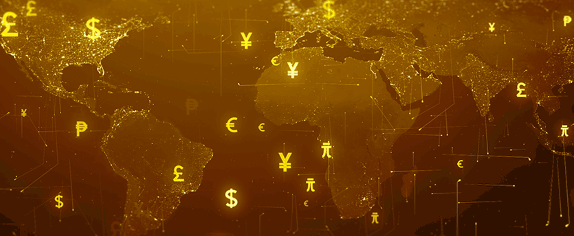 A world currency map featuring gold and dollar symbols, representing the forex market and global currency exchange.