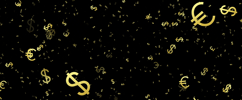 Golden dollar signs raining down against a black backdrop, symbolizing wealth and financial success.