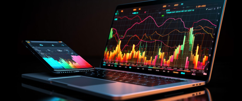 Laptop and smartphone with stock market chart. 3D illustration on black background. Great for education, forex, and trading resources.