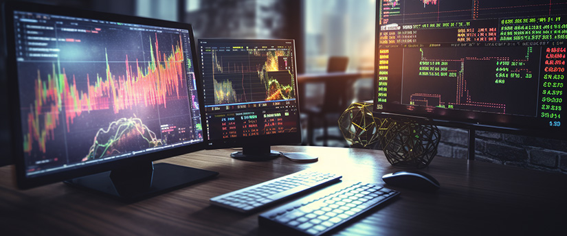 Three monitors displaying stock market graphs, representing popular forex trading with leverage.