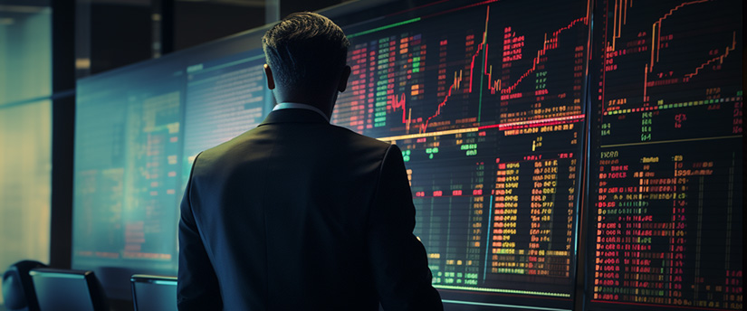 A professional man in a suit analyzing stock market data on a screen, focusing on forex trading and market analysis.
