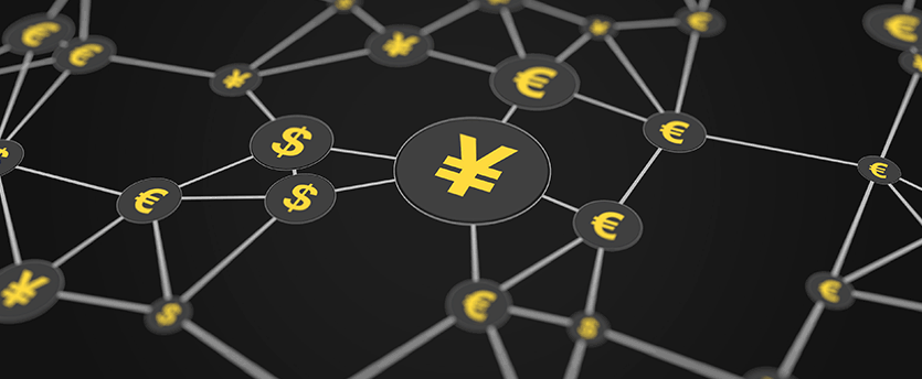 Currency network connected to currency symbol in forex currency.