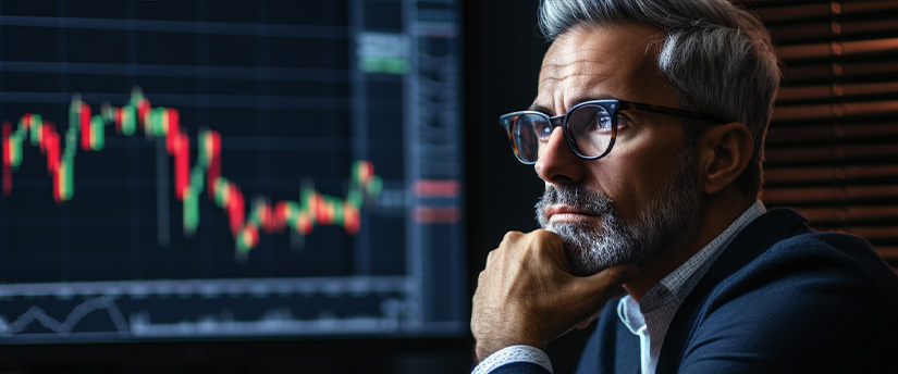 Un homme à lunettes étudie un graphique de change montrant des traders en train de perdre de l'argent.