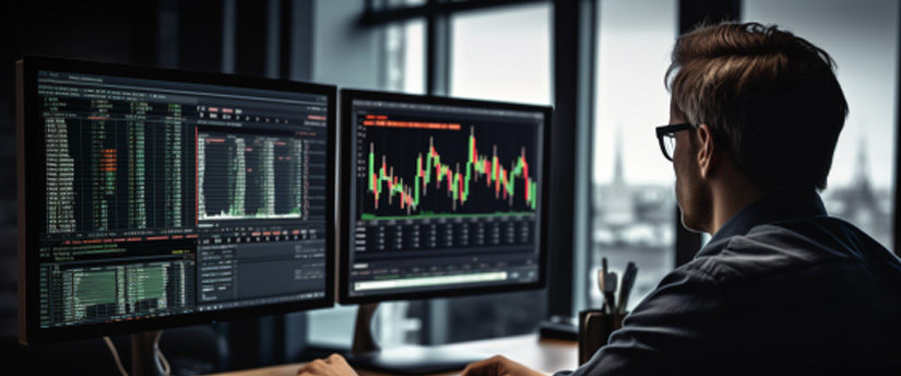 A professional trader intently monitors market movements on dual computer monitors at his desk during cfd trading.