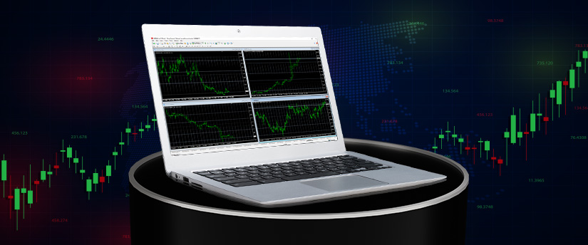 A laptop computer displaying stock market data on a black stand, representing the MT4 platform