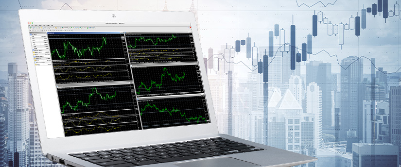 Laptop displaying forex trading on MetaTrader 4, a popular trading platform for financial markets.