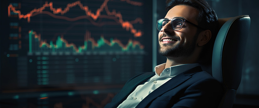 A man with glasses smiles as he focuses on a screen, driven by his passion for forex trading and the compelling reasons to remain dedicated.
