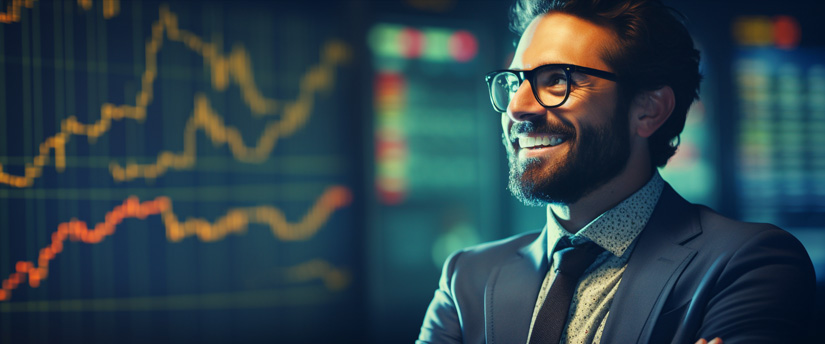 A professional man wearing a suit and glasses smiles confidently while analyzing a stock chart, representing forex trading