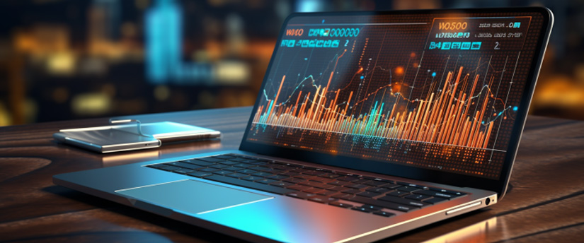 A laptop with a screen displaying financial data, specifically forex, market, currency, and fundamentals