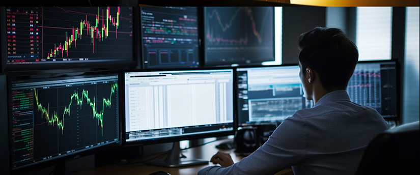 Forex expert trader analyzing stock market data on multiple monitors at desk.
