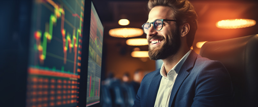 A man in a suit analyzing forex trading data on a computer screen.