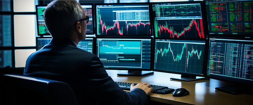 A skilled trader manages risk at a desk with multiple screens displaying stock market information.
