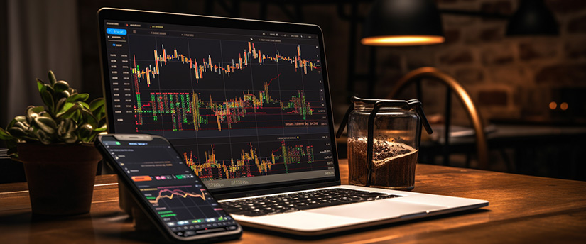 A person using a laptop to trade forex, with charts and graphs displayed on the screen.
