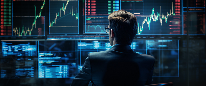A professional man in a suit analyzing stock market graphs, working as a forex trader.