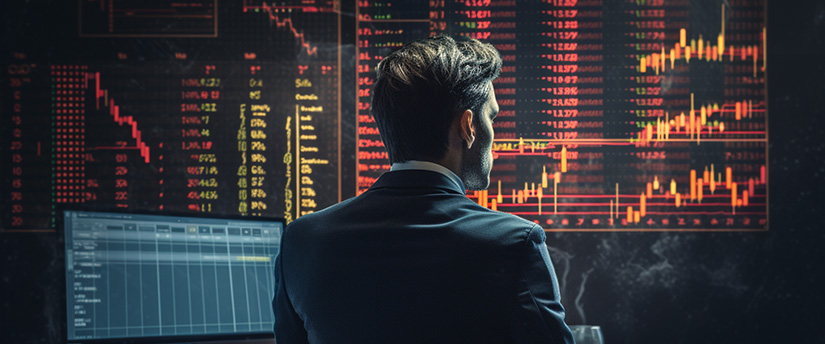 A professional trader in a suit analyzing stock market charts, seeking forex trading tips
