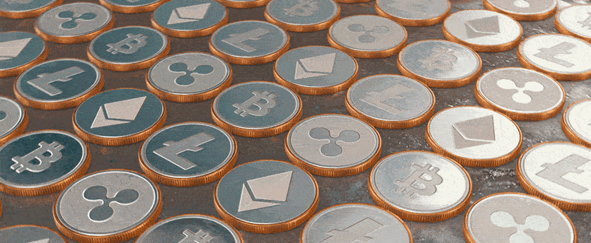 A mound of coins representing different cryptocurrencies, featuring a variety of symbols