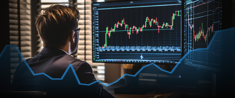 Um comerciante profissional de fato a analisar um gráfico de acções num ecrã de computador, à procura de dicas de negociação forex