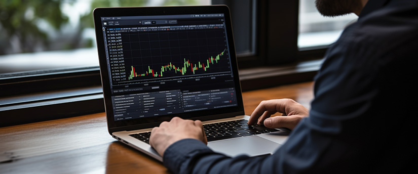 A man trading on the stock market using a laptop, focusing on forex trading for profit.