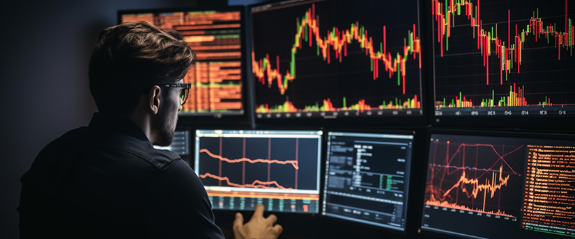 A man analyzing stock market data on multiple computer screens, focusing on forex trading and profit.