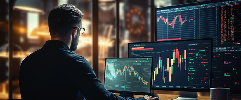 A man at a desk with multiple monitors displaying stock market data.