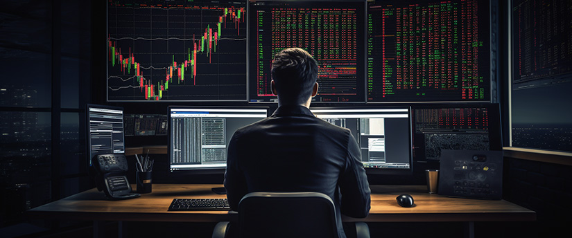 A man at a desk with computer screens, engaged in forex trading and learning.
