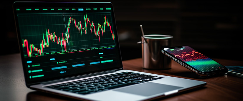 Stock market trading on laptop and smartphone: A person monitors stock market activity on their devices.