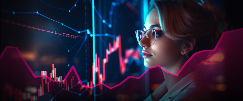 A woman in glasses analyzing a forex graph chart, focusing on pip movements for financial analysis.
