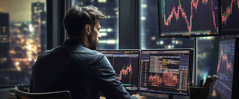 A trader sitting in front of multiple monitors, analyzing market data and making investment decisions.