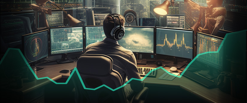 A trader sitting at a desk with multiple monitors, analyzing data and making informed decisions.