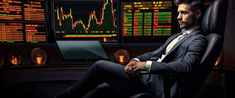 A professional man in a suit focused on his work, sitting in front of a computer screen.