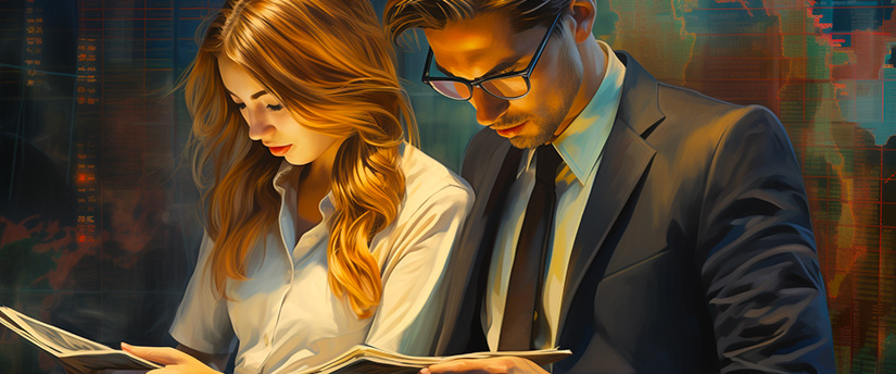 A man and woman in suits engrossed in a book, discussing trading, news, and strategies.