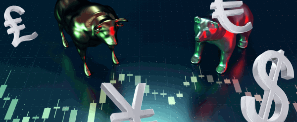 A bull and bear on a trading chart with currency symbols. Forex made easy with this laptop for learning trading.