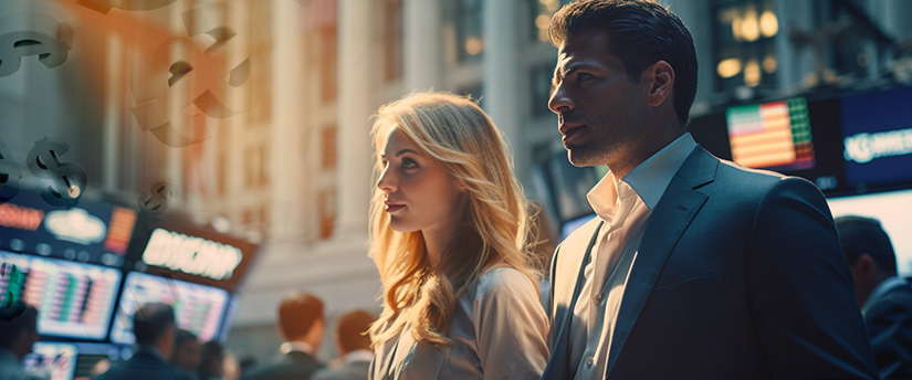 A man and woman stand in front of a stock market, engaged in forex trading with a broker present.