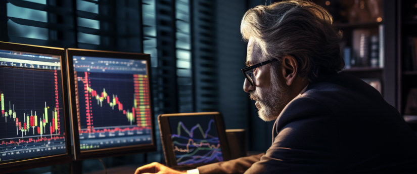 A professional man in a suit intently examines a screen displaying forex market information, engaged in trading.