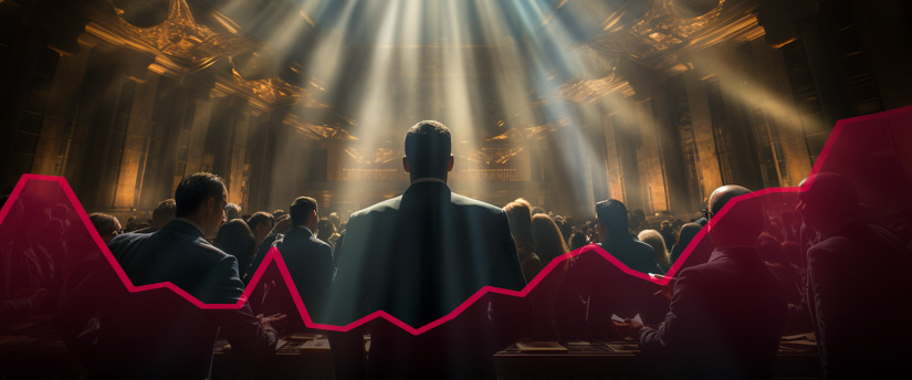 A group of individuals in a well-lit room analyzing a detailed graph chart, focusing on trading strategies and up-to-date news.