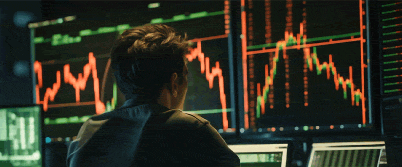 A focused day trader intently examines stock market graphs displayed on a screen for analysis.