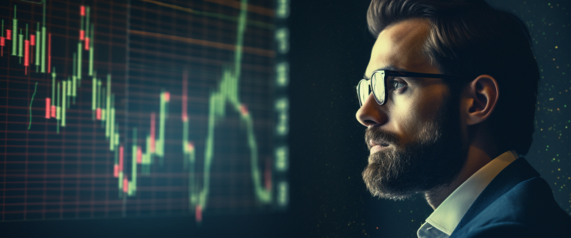 A man in a suit and glasses analyzing a stock chart, focusing on forex market trends.