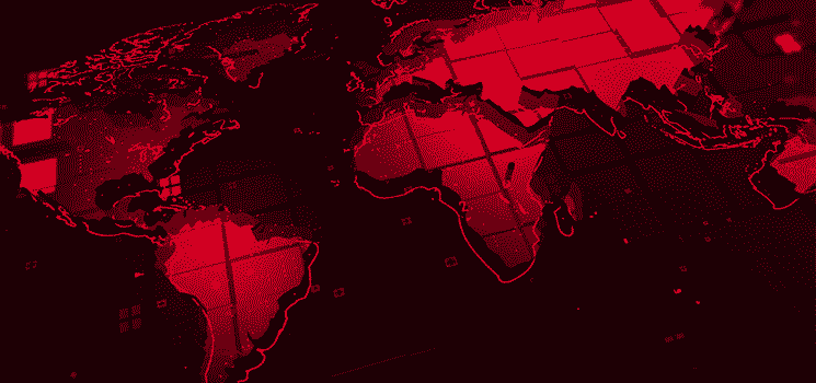 Red world map on black background, representing global trading, news, and strategies