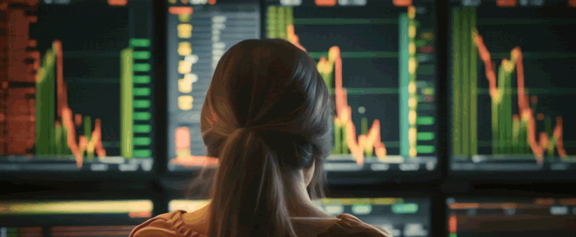 A woman analyzing forex market graphs, focusing on stock market trends.