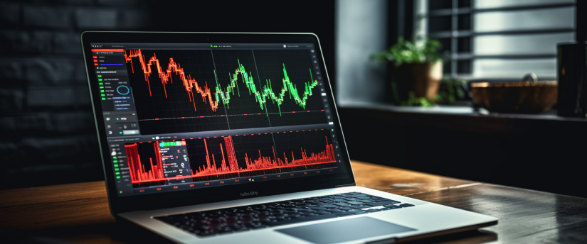 A laptop displaying a stock market graph on its screen. This image showcases the MT4 platform for trading.