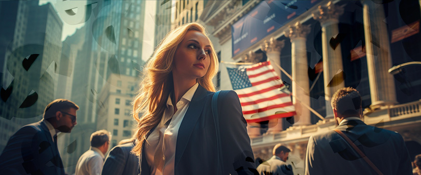 A professional woman in a business suit walks in front of a building adorned with an American flag.